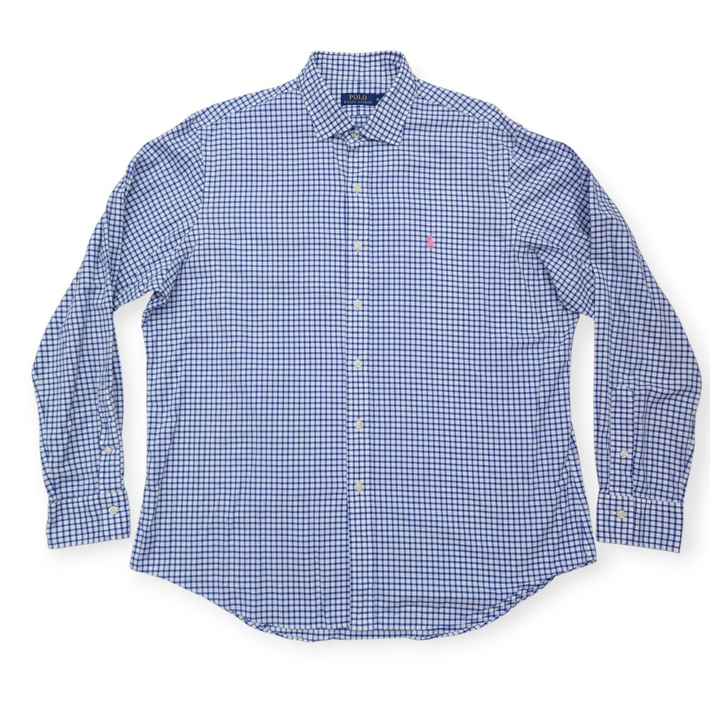 Polo Ralph Lauren Mens XL Blue Gingham Plaid Pink Pony Poplin Button Up Shirt